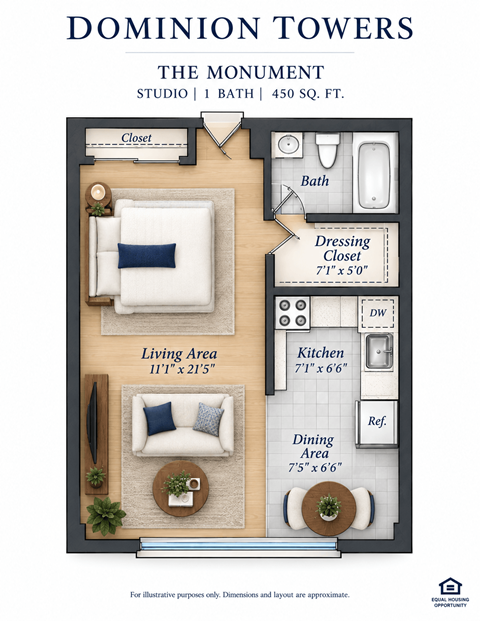 Floor plan for studio, 1 bath, 430 sqft